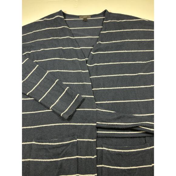 J Crew Open Front Cardigan Navy Blue White Stripe Small Pockets Tie Front - Picture 9 of 10